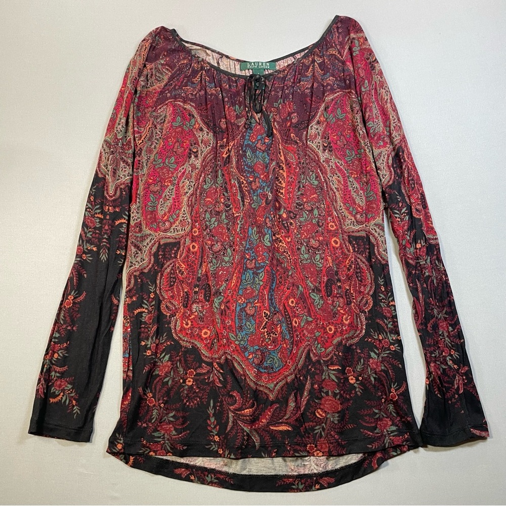 Lauren Ralph Lauren Paisley Keyhole Tie-Neck Lightweight Top - Womens Large